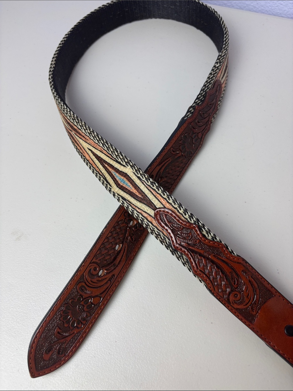 Handcrafted Western Horsehair Tooled Leather Belt Multi-Color Tribal Weave Inlay - Picture 2 of 13